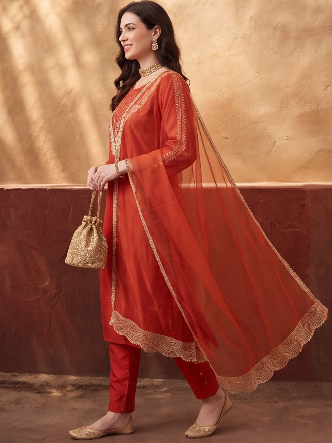 Women's Orange Embroidered Kurta Set with Dupatta | Festive Straight Ethnic Party Wear Suit