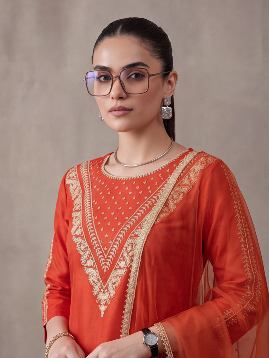 Women's Orange Embroidered Kurta Set with Dupatta | Festive Straight Ethnic Party Wear Suit