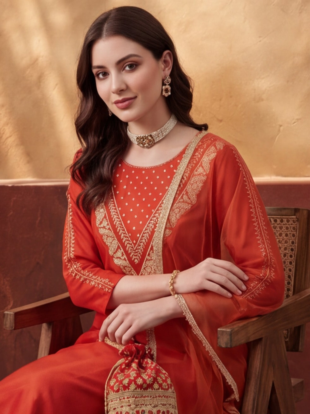 Women's Orange Embroidered Kurta Set with Dupatta | Festive Straight Ethnic Party Wear Suit