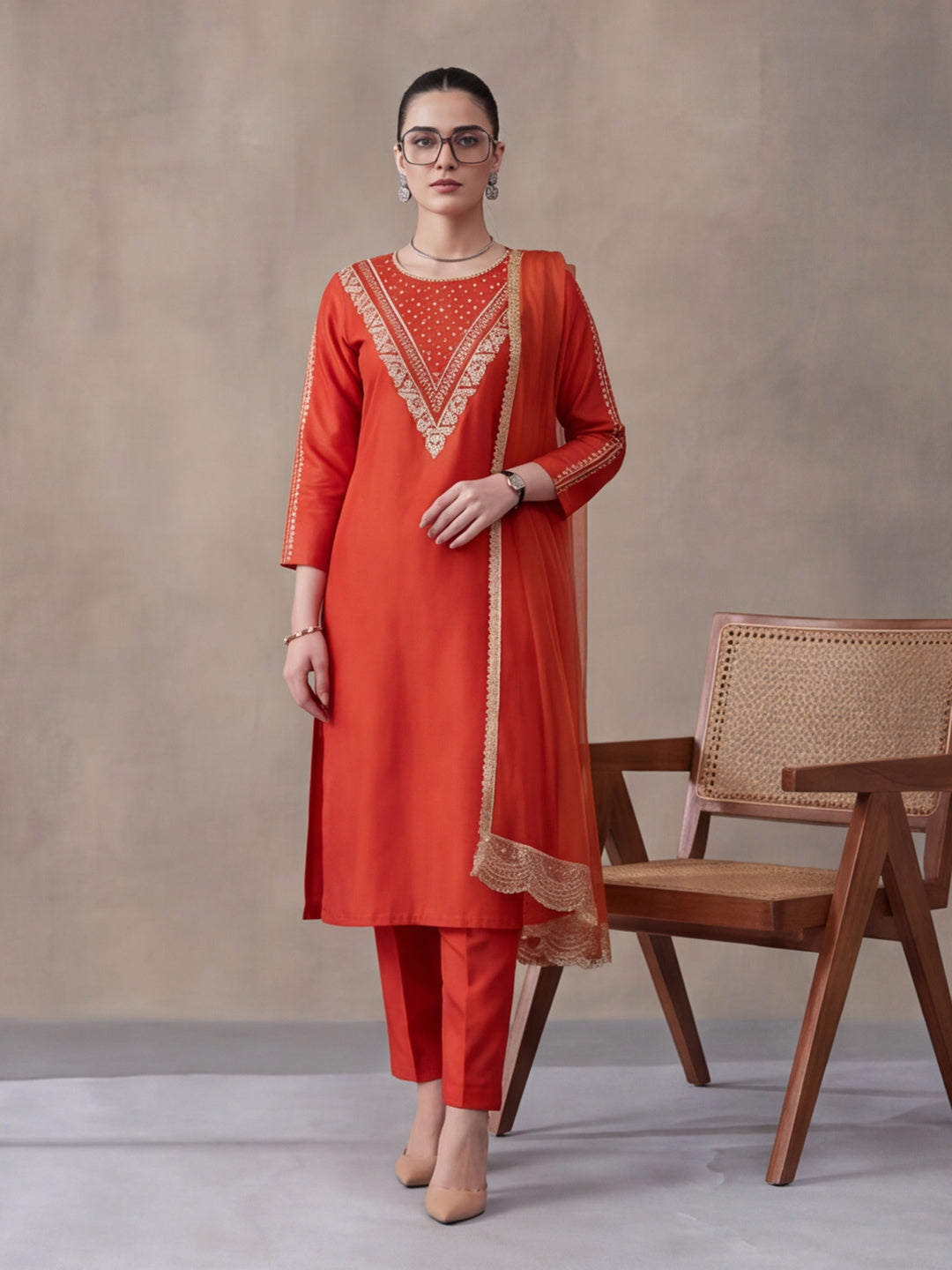Women's Orange Embroidered Kurta Set with Dupatta | Festive Straight Ethnic Party Wear Suit