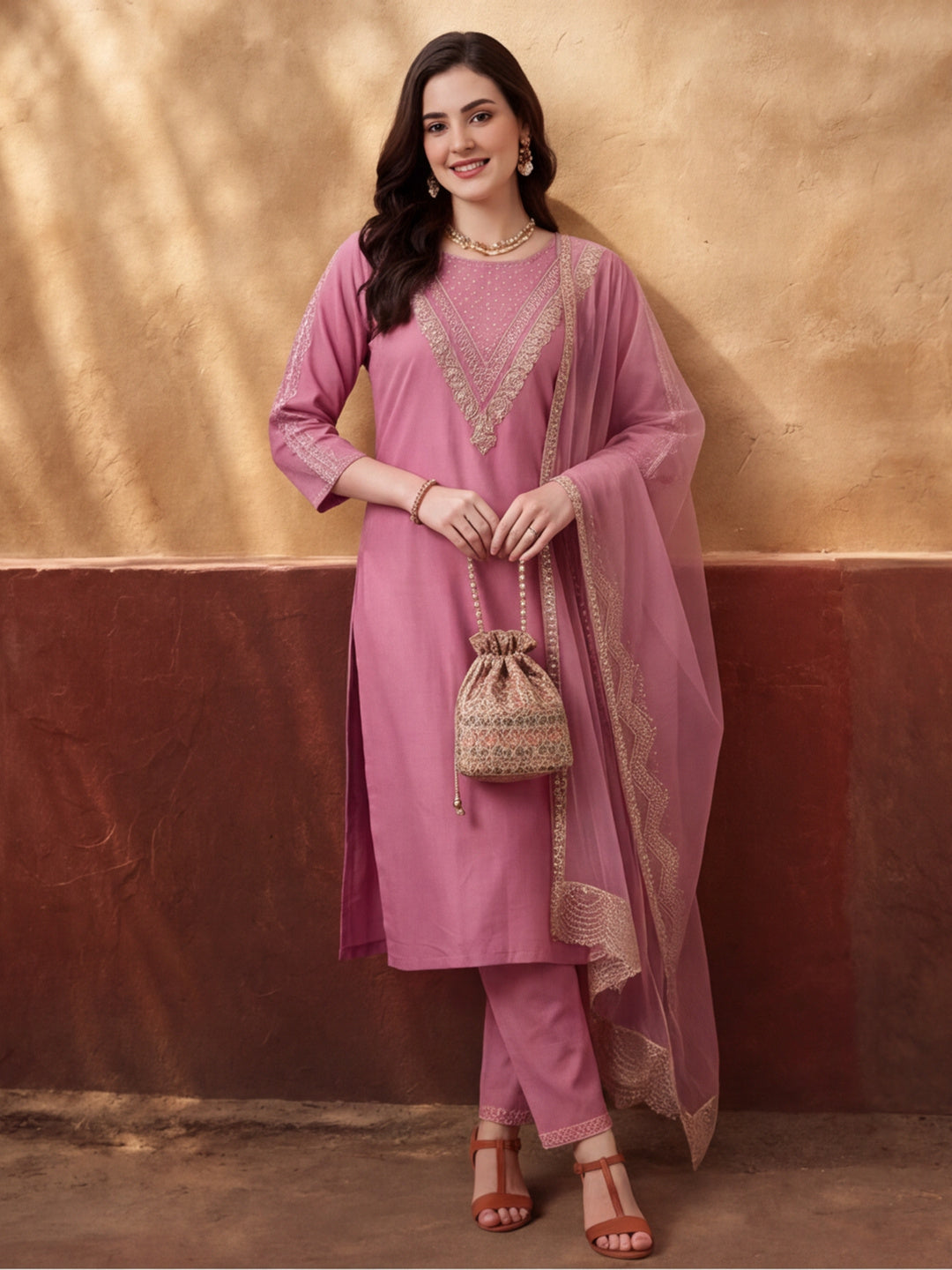Women's Pink Embroidered Kurta Set with Dupatta | Festive Straight Ethnic Party Wear Suit