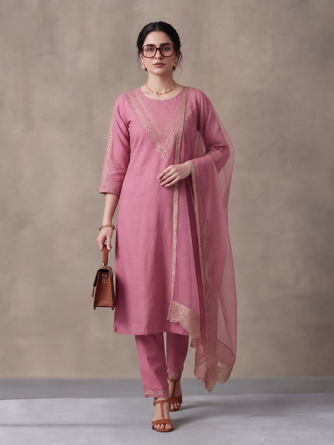 Women's Pink Embroidered Kurta Set with Dupatta | Festive Straight Ethnic Party Wear Suit