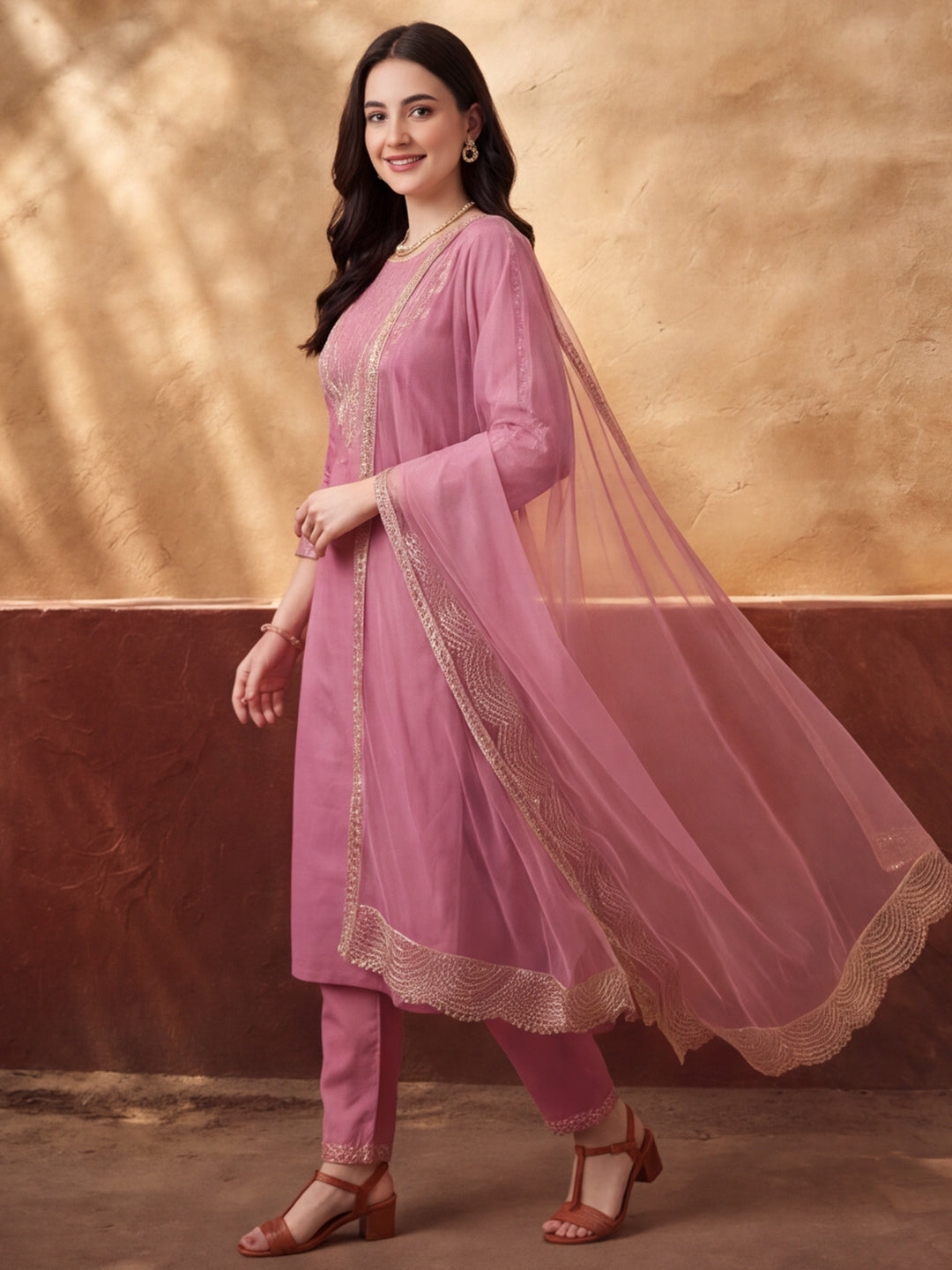 Women's Pink Embroidered Kurta Set with Dupatta | Festive Straight Ethnic Party Wear Suit