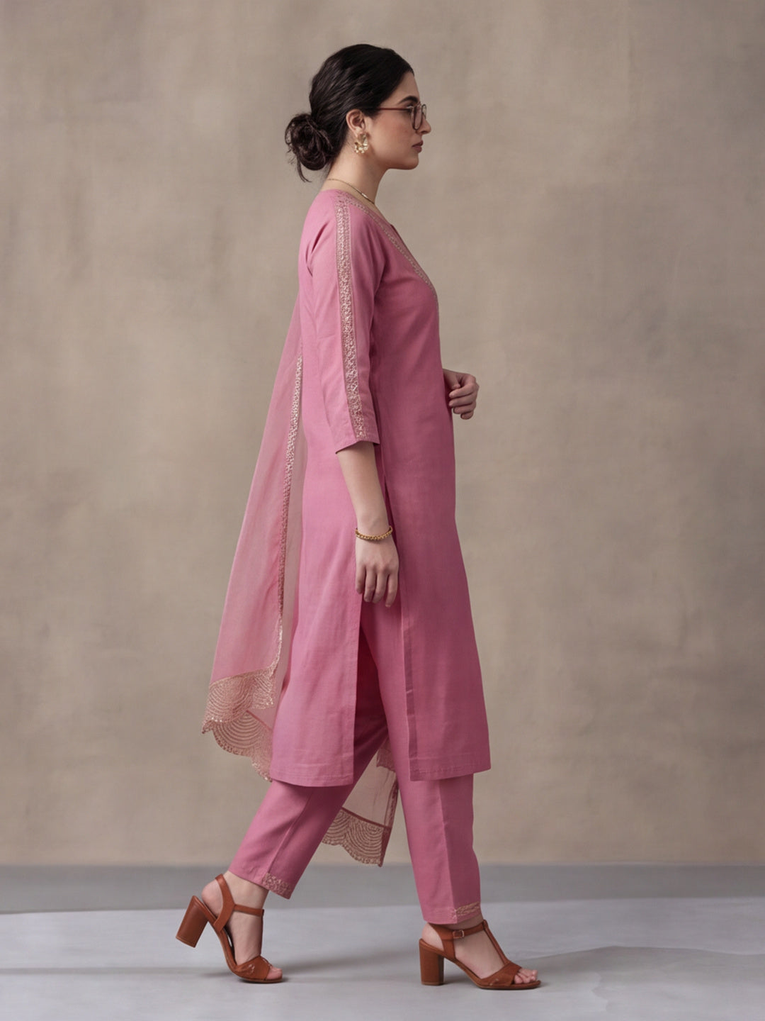 Women's Pink Embroidered Kurta Set with Dupatta | Festive Straight Ethnic Party Wear Suit