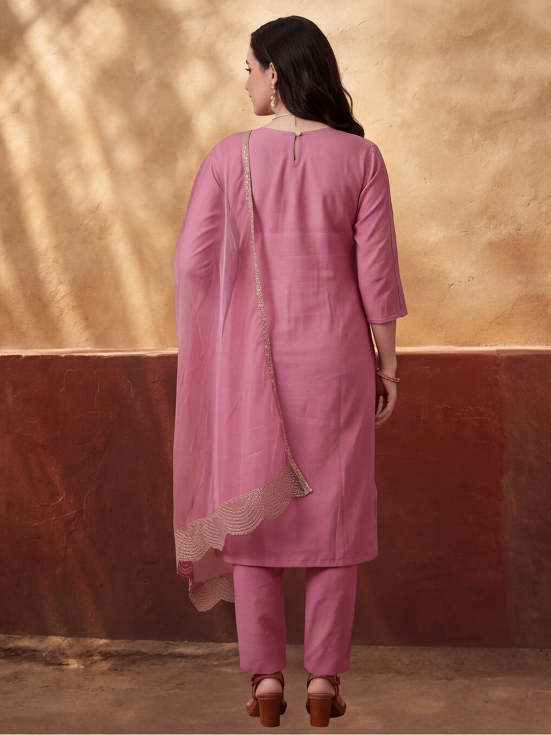 Women's Pink Embroidered Kurta Set with Dupatta | Festive Straight Ethnic Party Wear Suit