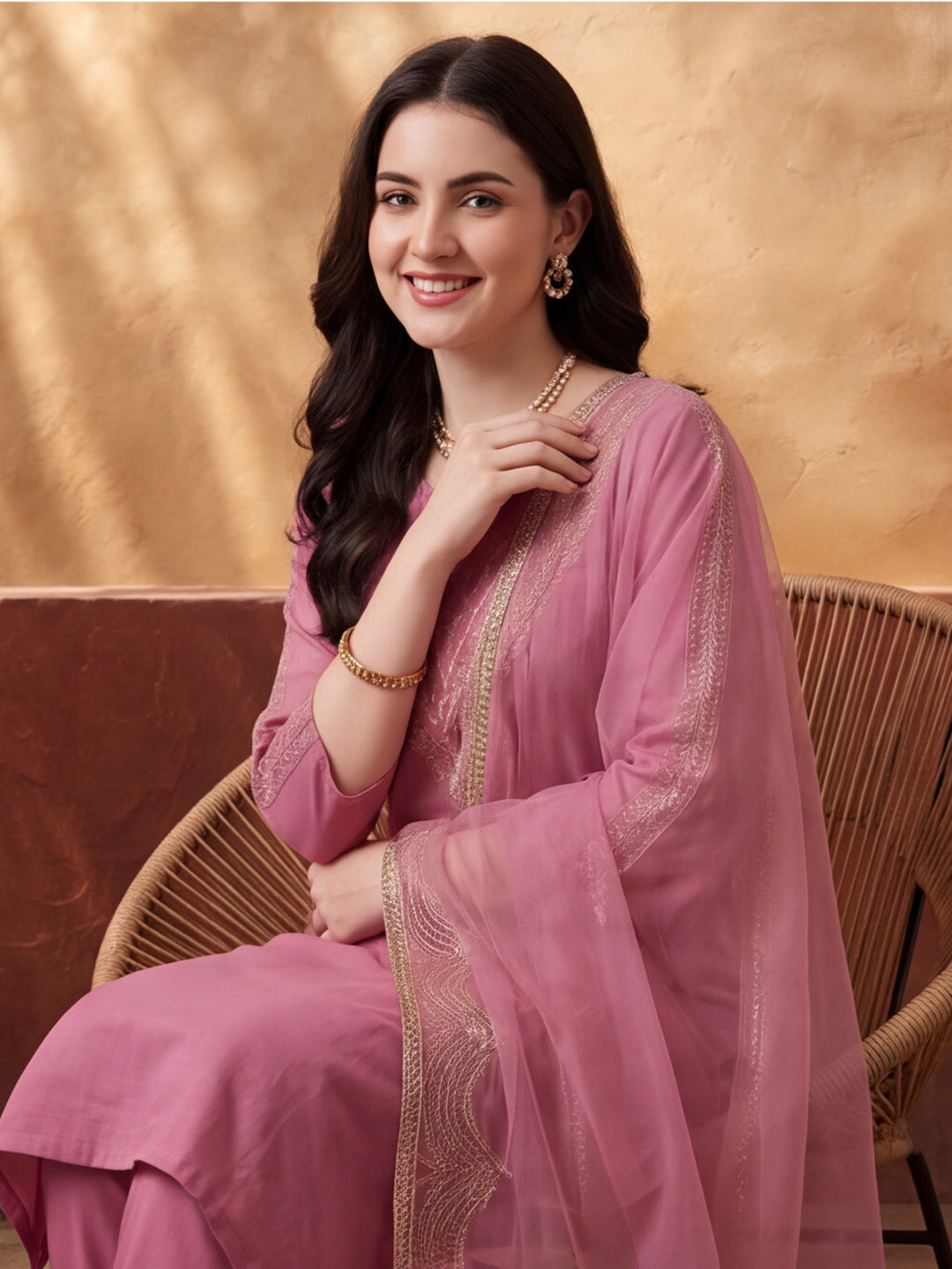 Women's Pink Embroidered Kurta Set with Dupatta | Festive Straight Ethnic Party Wear Suit
