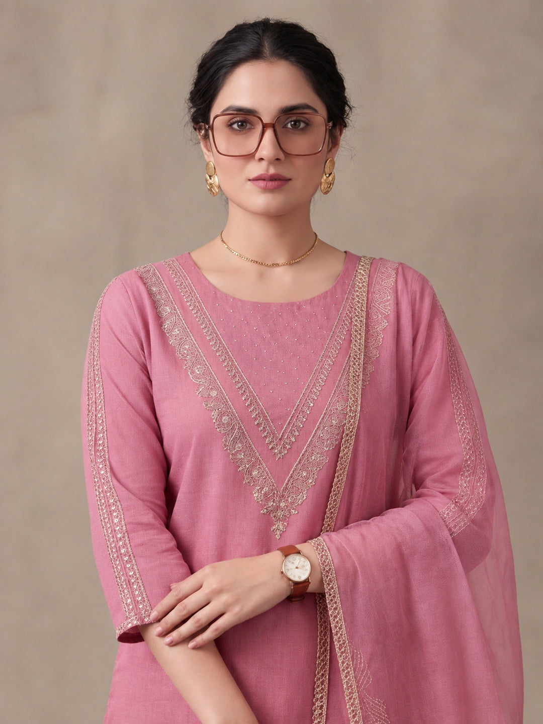 Women's Pink Embroidered Kurta Set with Dupatta | Festive Straight Ethnic Party Wear Suit