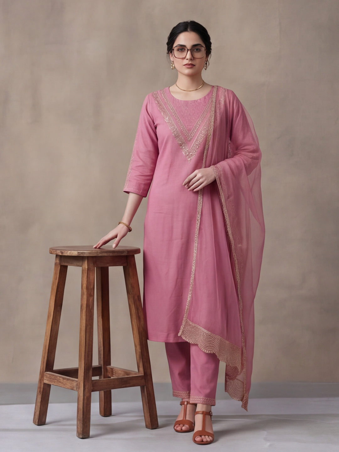 Women's Pink Embroidered Kurta Set with Dupatta | Festive Straight Ethnic Party Wear Suit