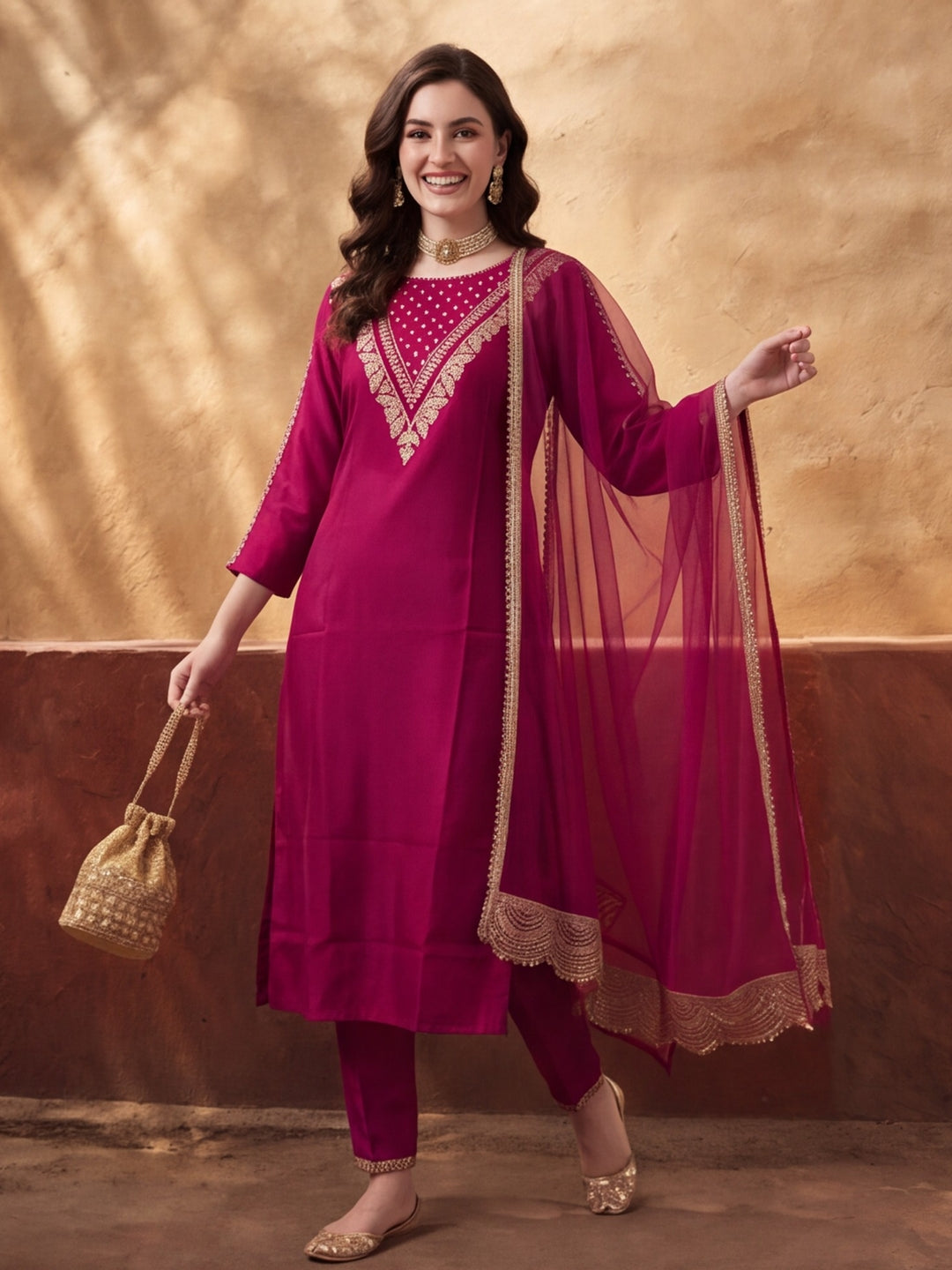 Women's Magenta Embroidered Kurta Set with Dupatta | Festive Straight Ethnic Party Wear Suit