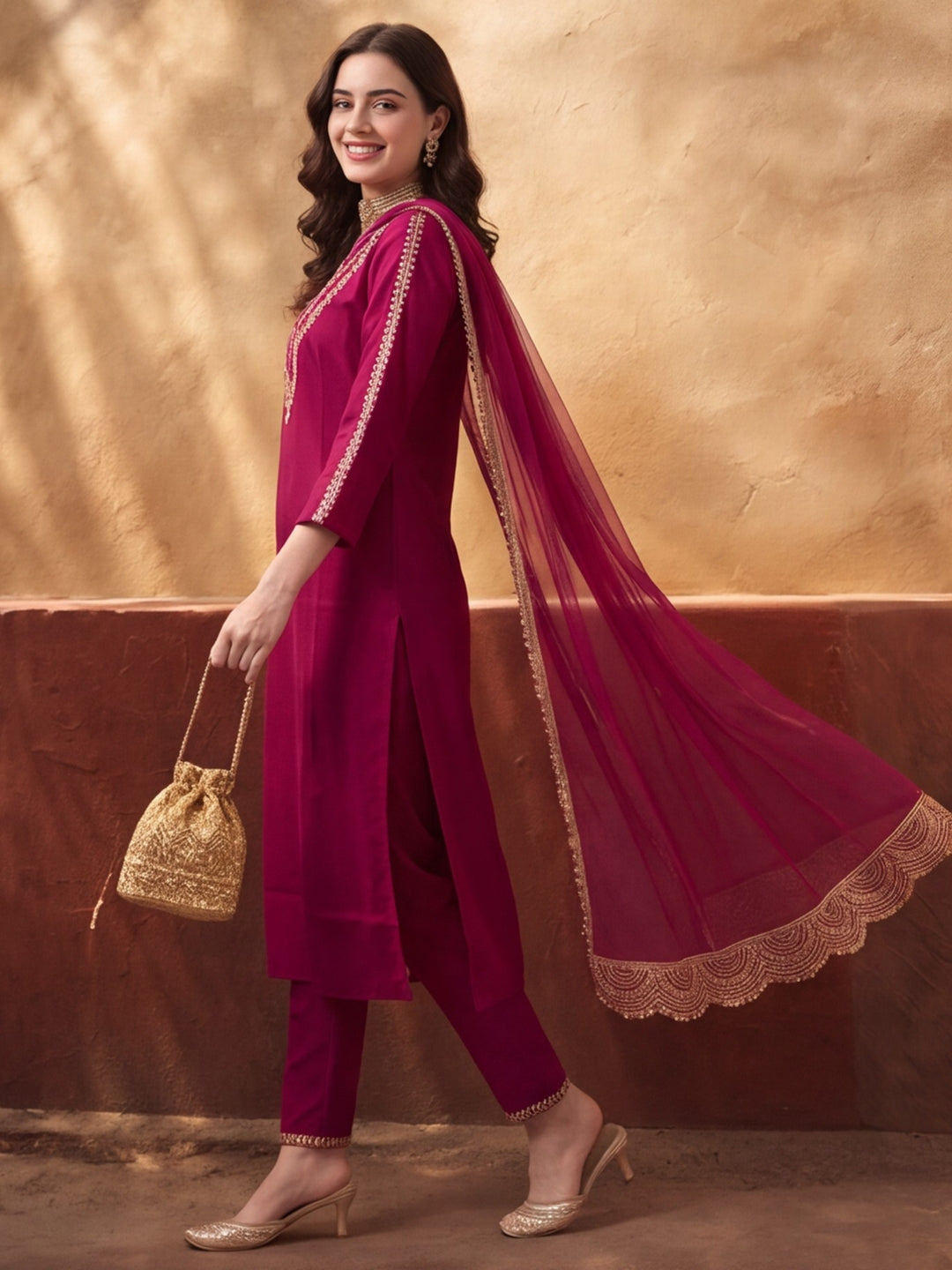 Women's Magenta Embroidered Kurta Set with Dupatta | Festive Straight Ethnic Party Wear Suit