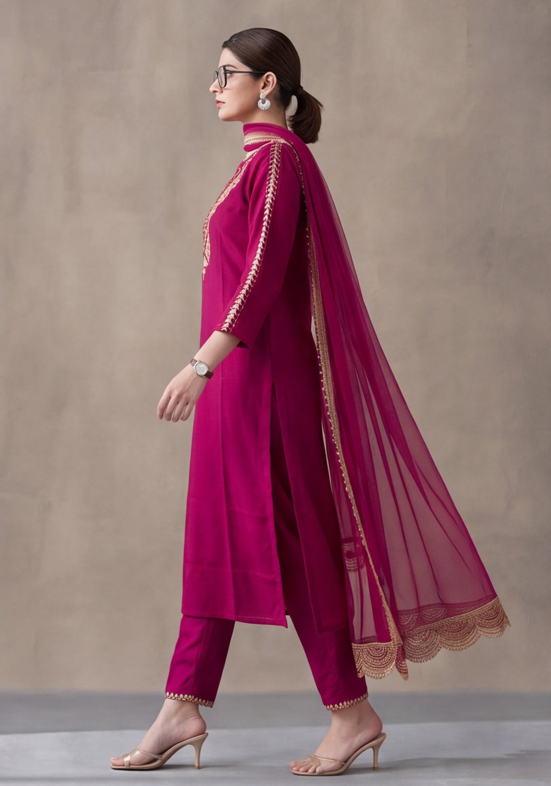 Women's Magenta Embroidered Kurta Set with Dupatta | Festive Straight Ethnic Party Wear Suit