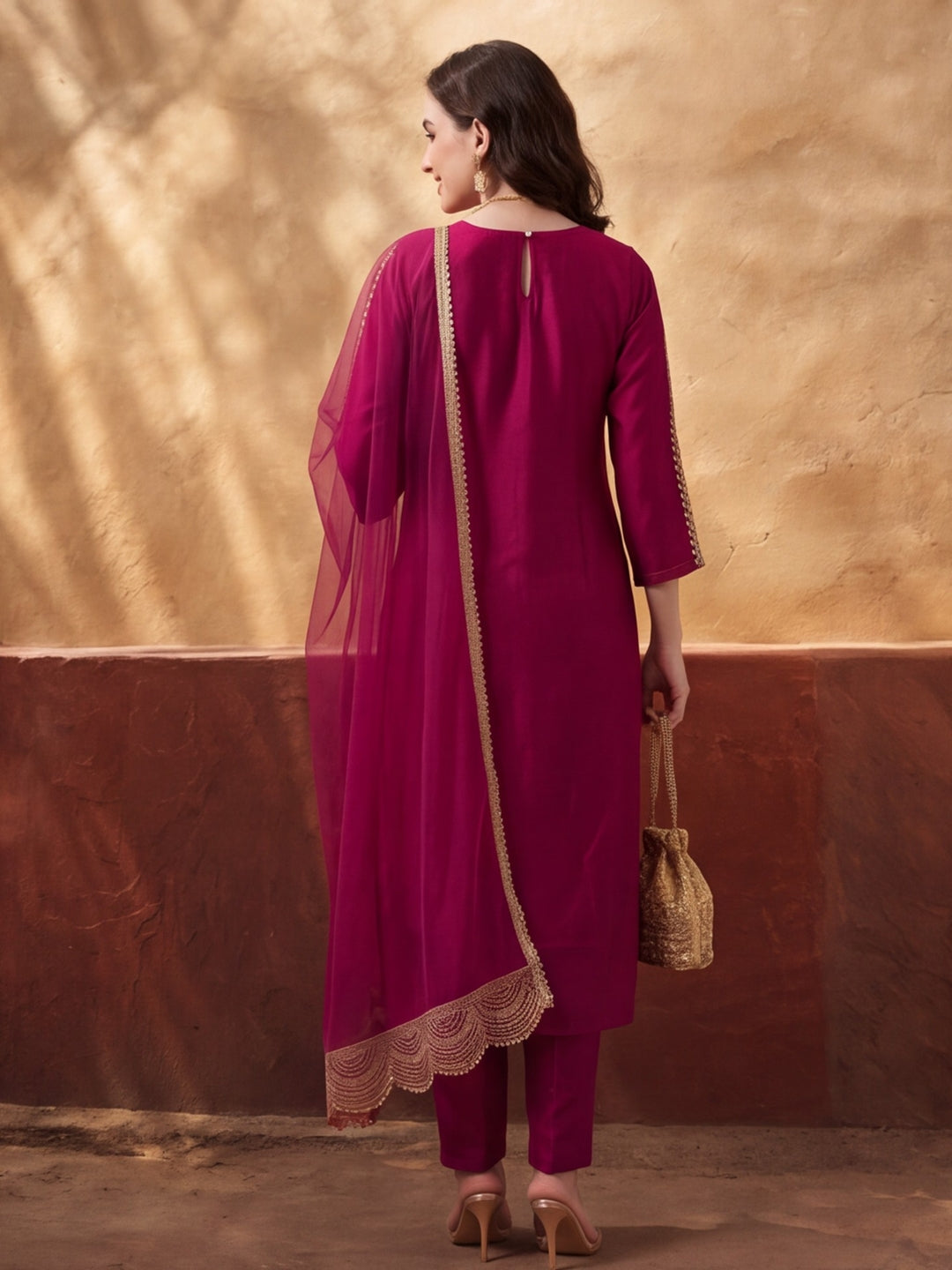 Women's Magenta Embroidered Kurta Set with Dupatta | Festive Straight Ethnic Party Wear Suit