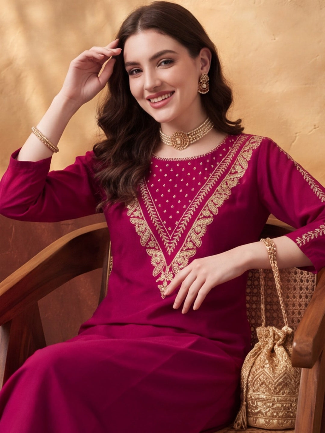 Women's Magenta Embroidered Kurta Set with Dupatta | Festive Straight Ethnic Party Wear Suit