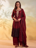 Women Embroidery Maroon Kurta Set with Dupatta