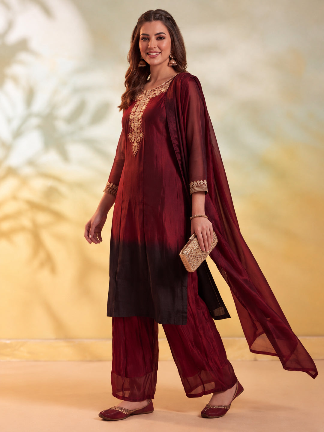 Women Embroidery Maroon Kurta Set with Dupatta