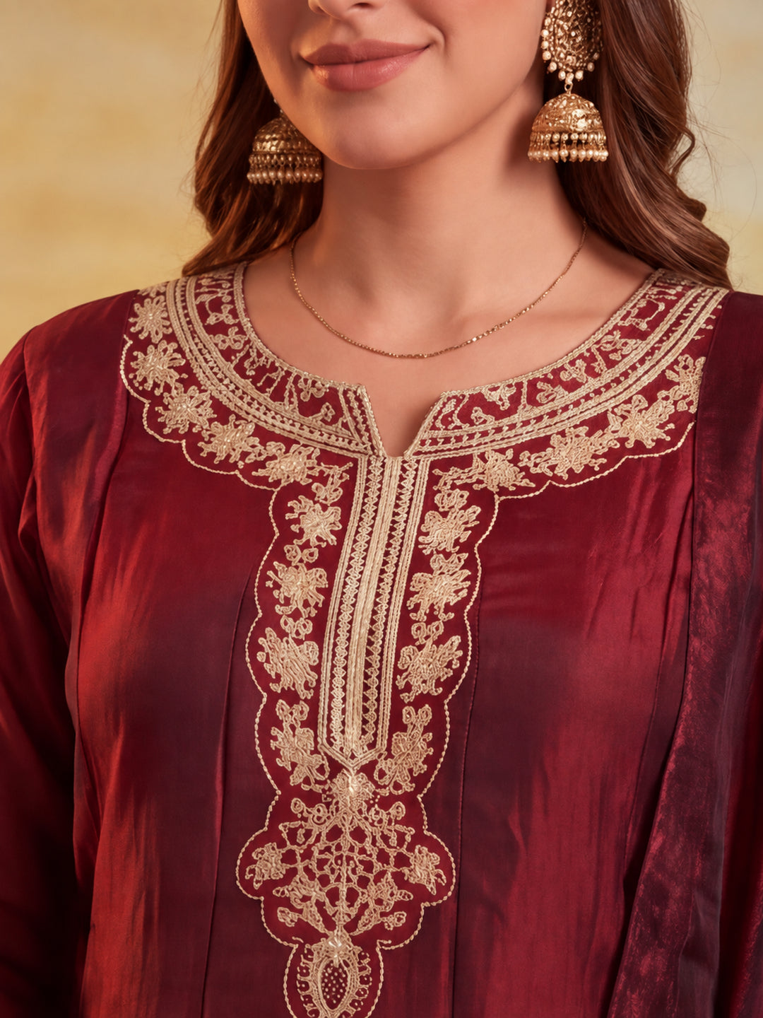 Women Embroidery Maroon Kurta Set with Dupatta