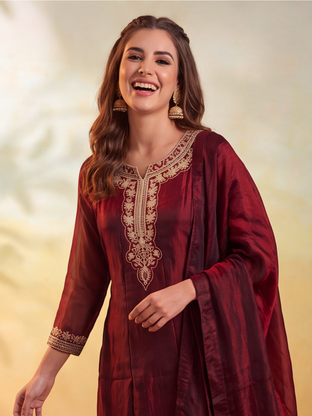 Women Embroidery Maroon Kurta Set with Dupatta