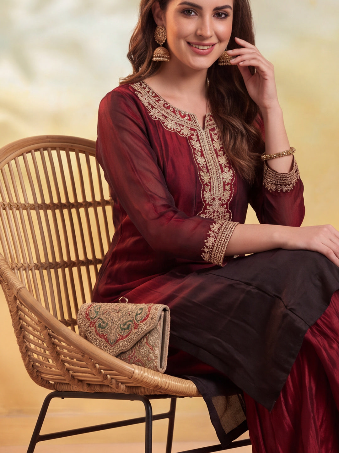 Women Embroidery Maroon Kurta Set with Dupatta