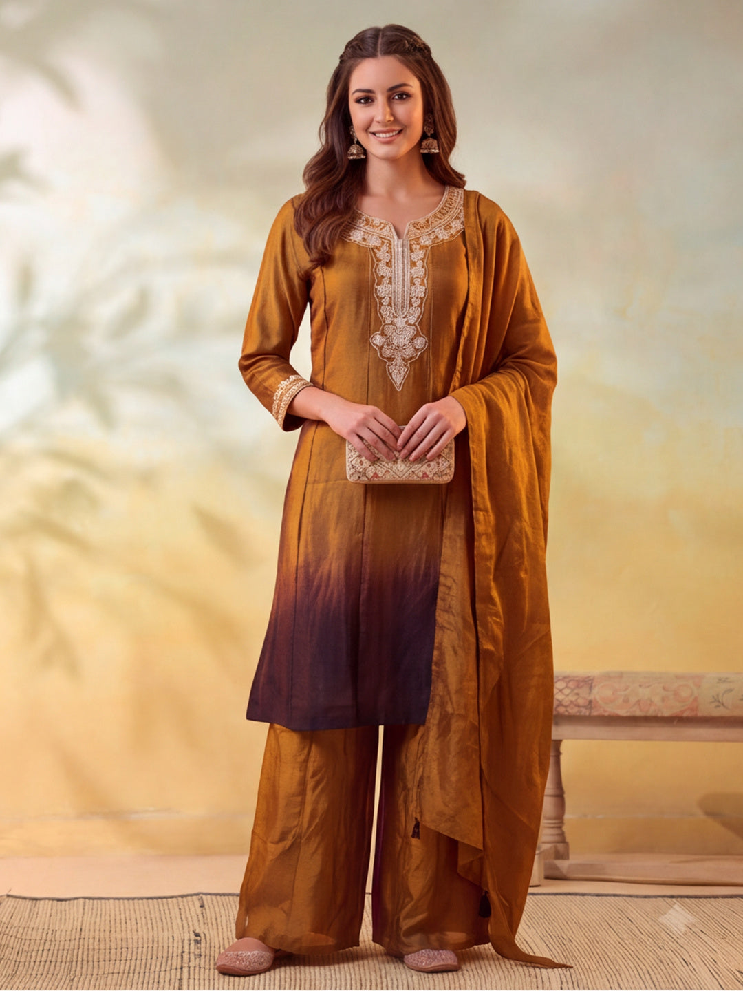Women Embroidery Mustard Gold Kurta Set with Dupatta
