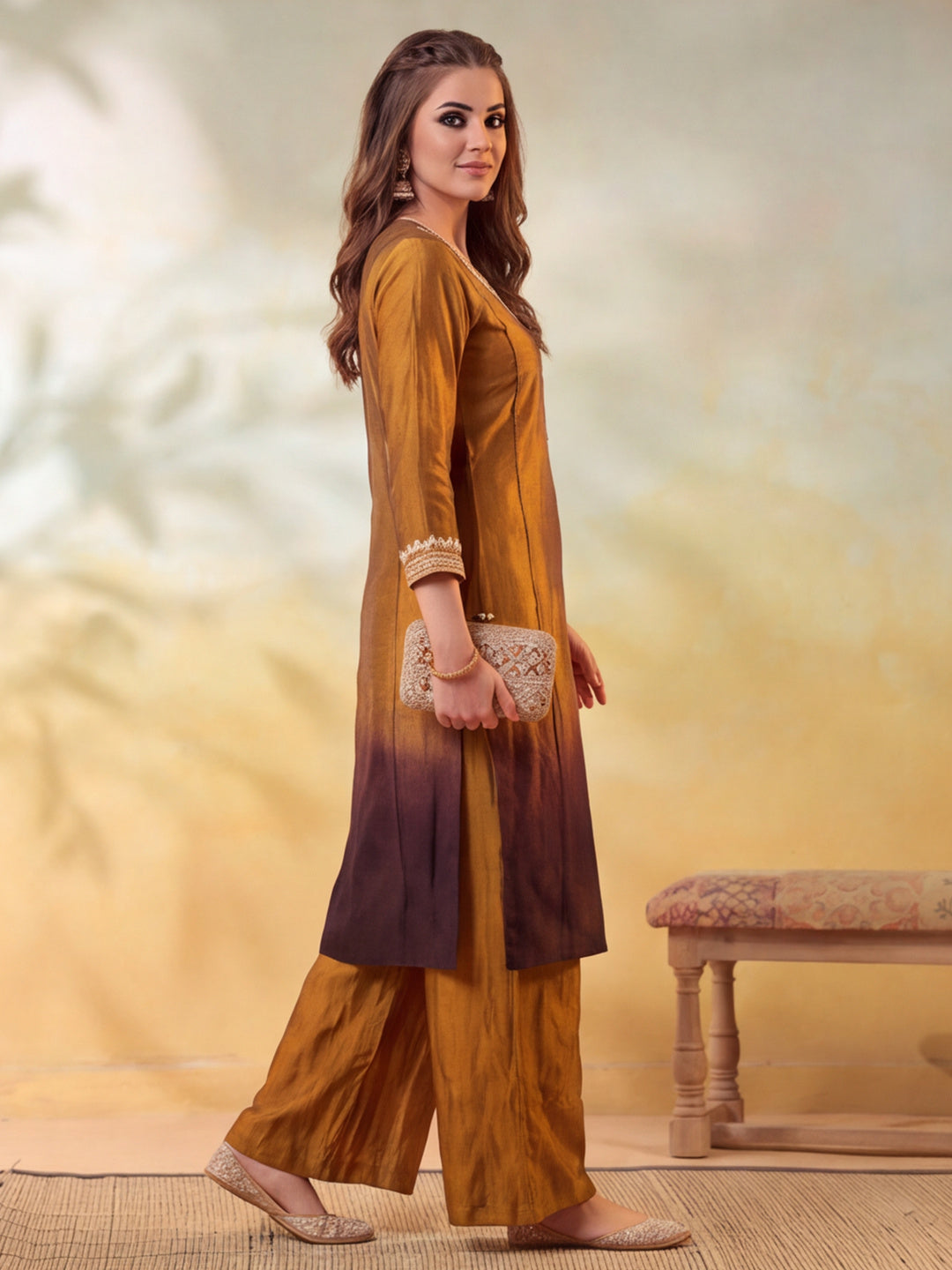 Women Embroidery Mustard Gold Kurta Set with Dupatta