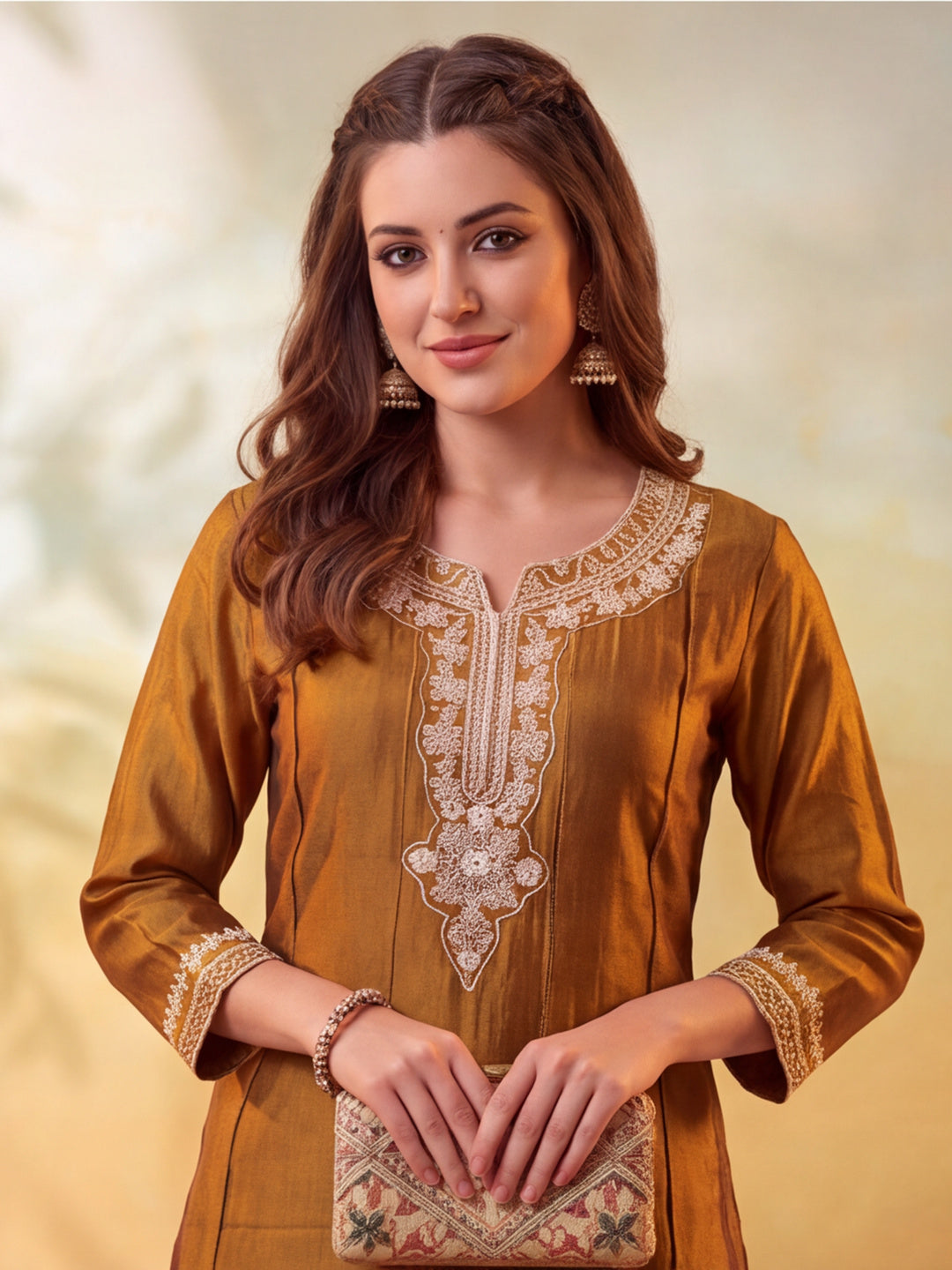 Women Embroidery Mustard Gold Kurta Set with Dupatta