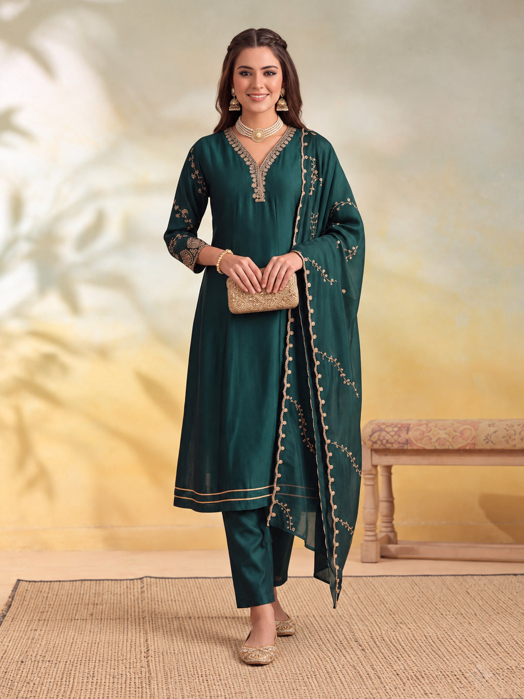 Women Embroidery Bottle Green Kurta Set with Dupatta