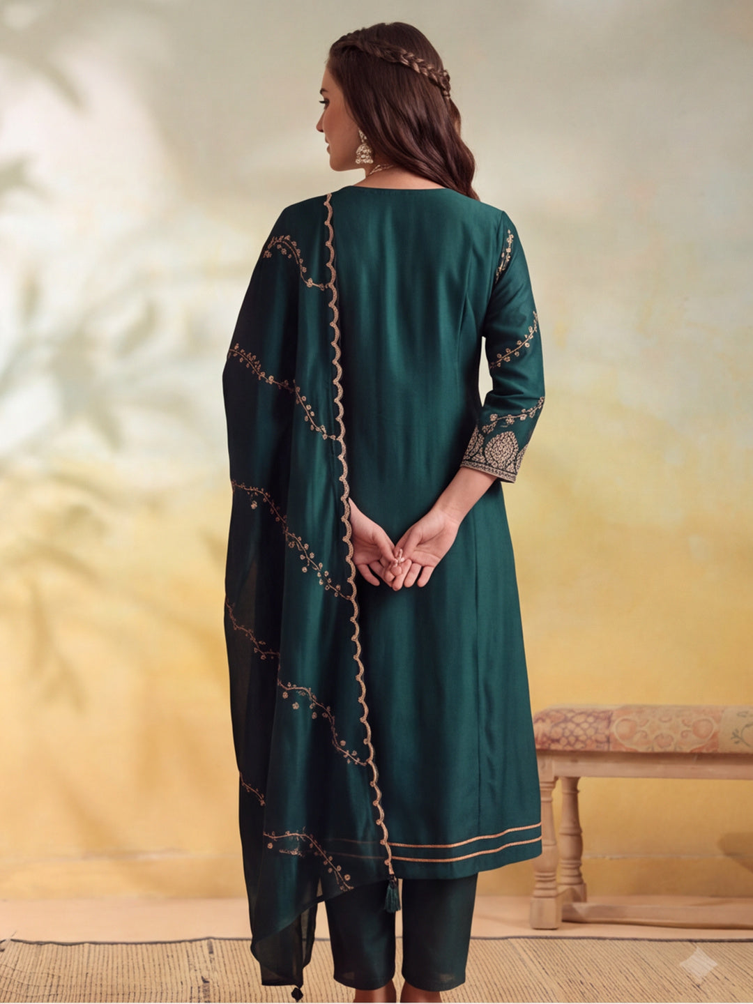 Women Embroidery Bottle Green Kurta Set with Dupatta