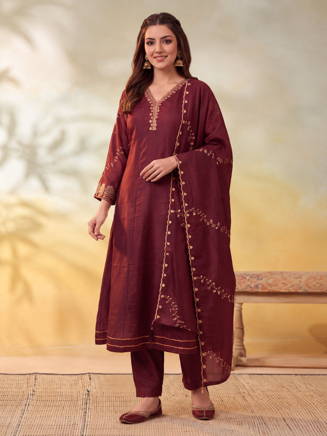 Women Embroidery Brown Shade Kurta Set with Dupatta