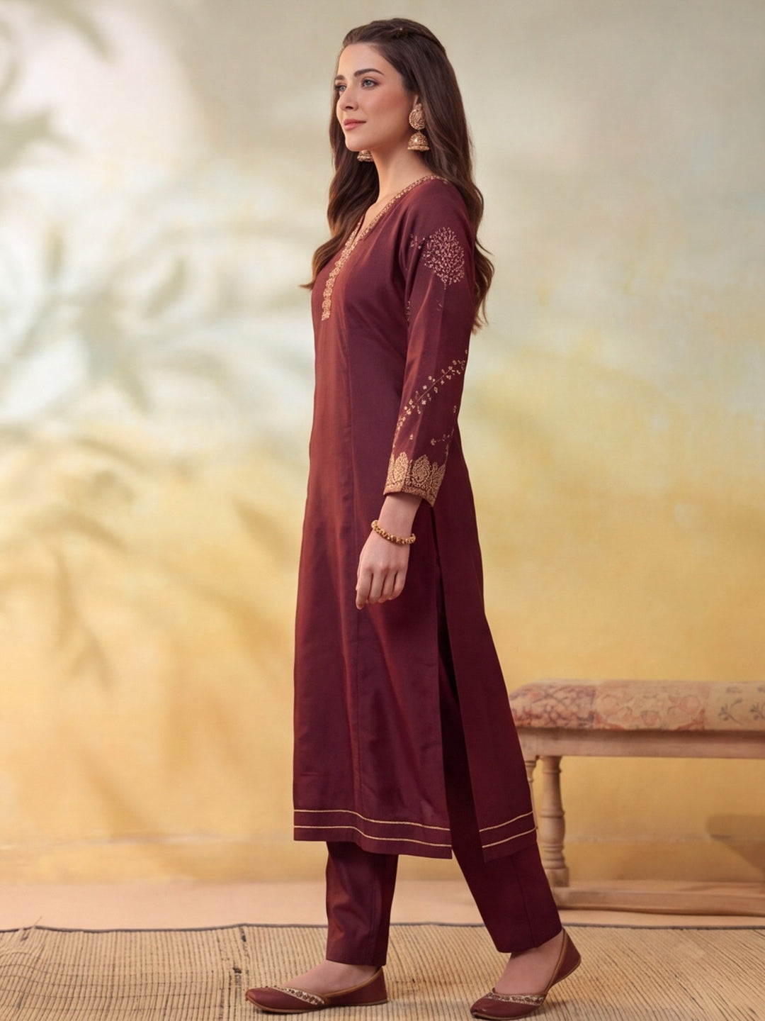 Women Embroidery Brown Shade Kurta Set with Dupatta