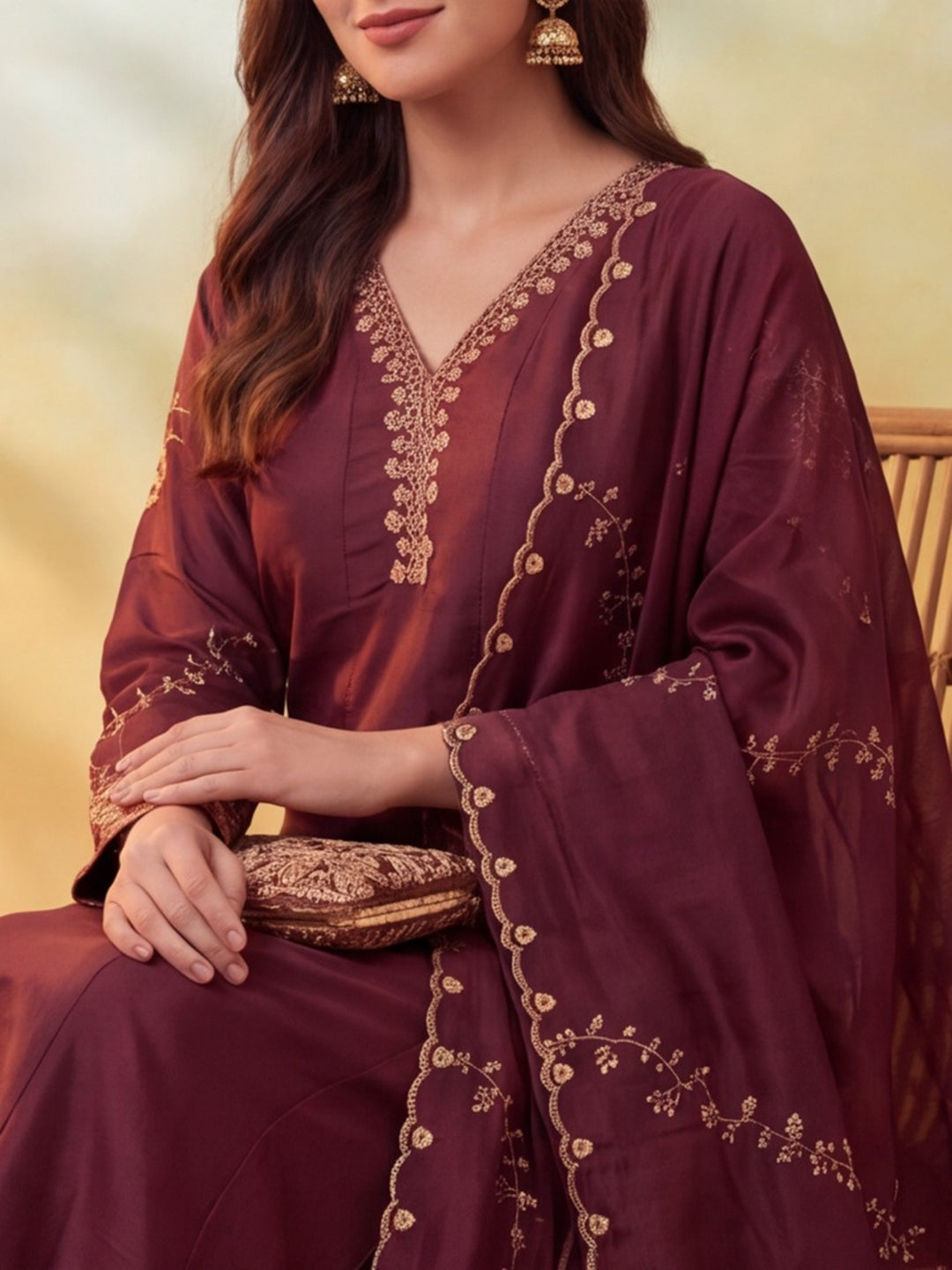Women Embroidery Brown Shade Kurta Set with Dupatta
