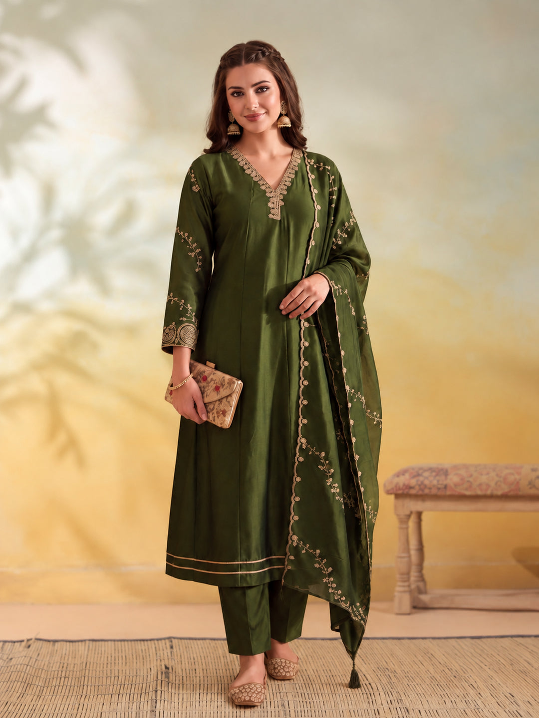 Women Embroidery Mehndi Green Kurta Set with Dupatta