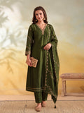 Women Embroidery Mehndi Green Kurta Set with Dupatta