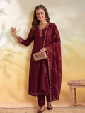 Women Embroidery Maroon Kurta Set with Dupatta