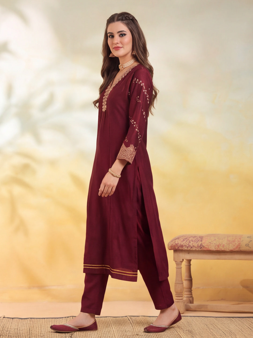 Women Embroidery Maroon Kurta Set with Dupatta
