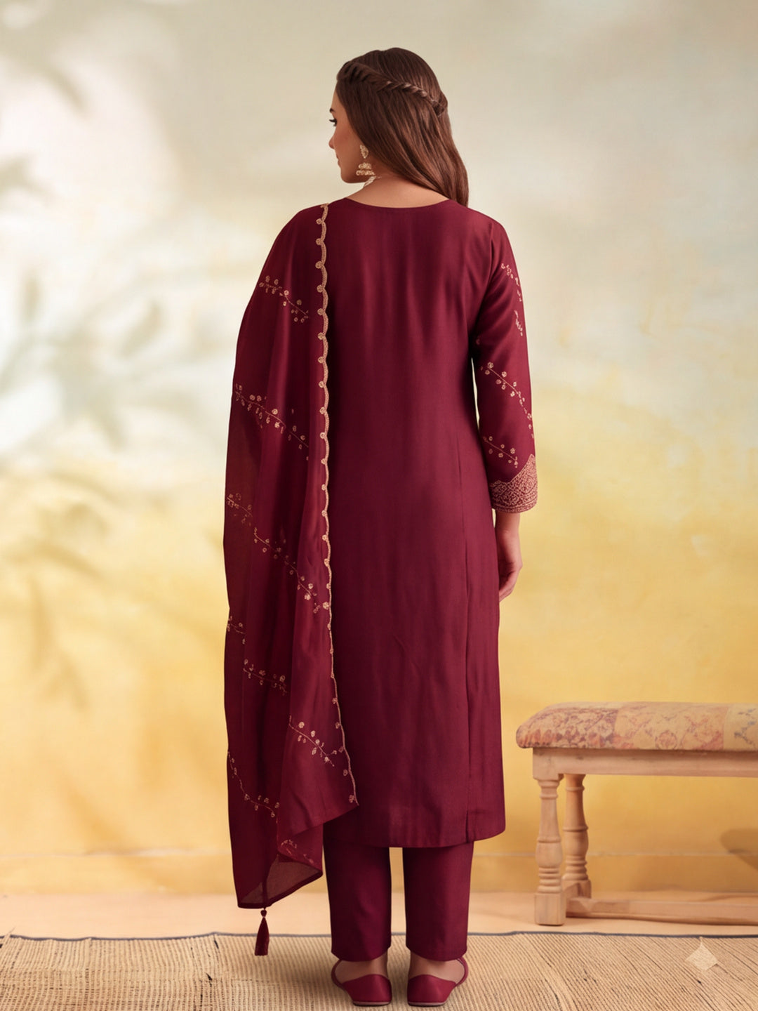 Women Embroidery Maroon Kurta Set with Dupatta