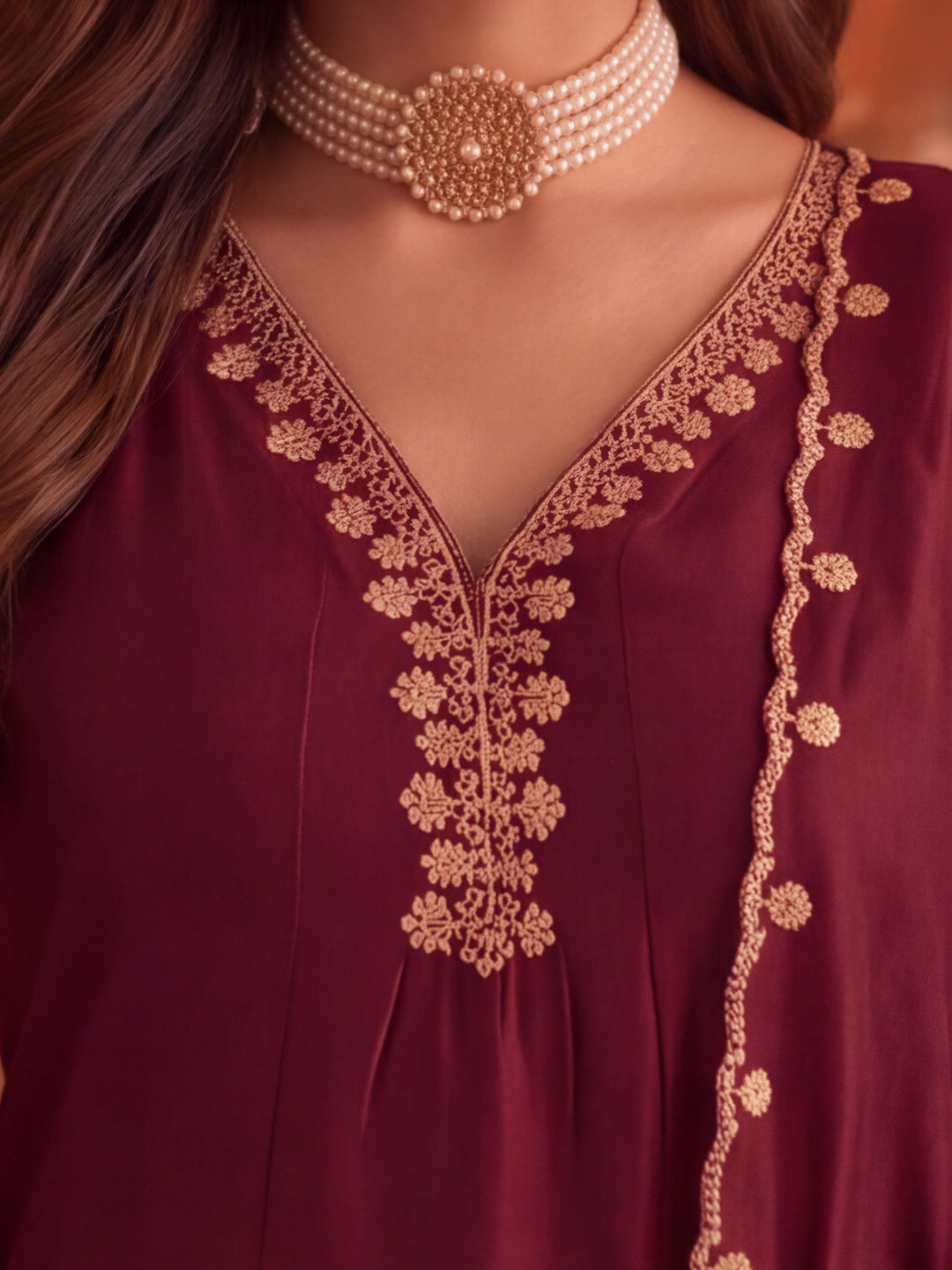 Women Embroidery Maroon Kurta Set with Dupatta