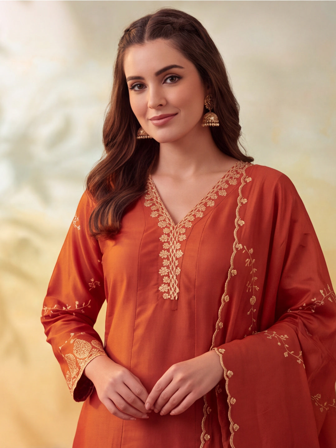 Women Embroidery Rust Kurta Set with Dupatta