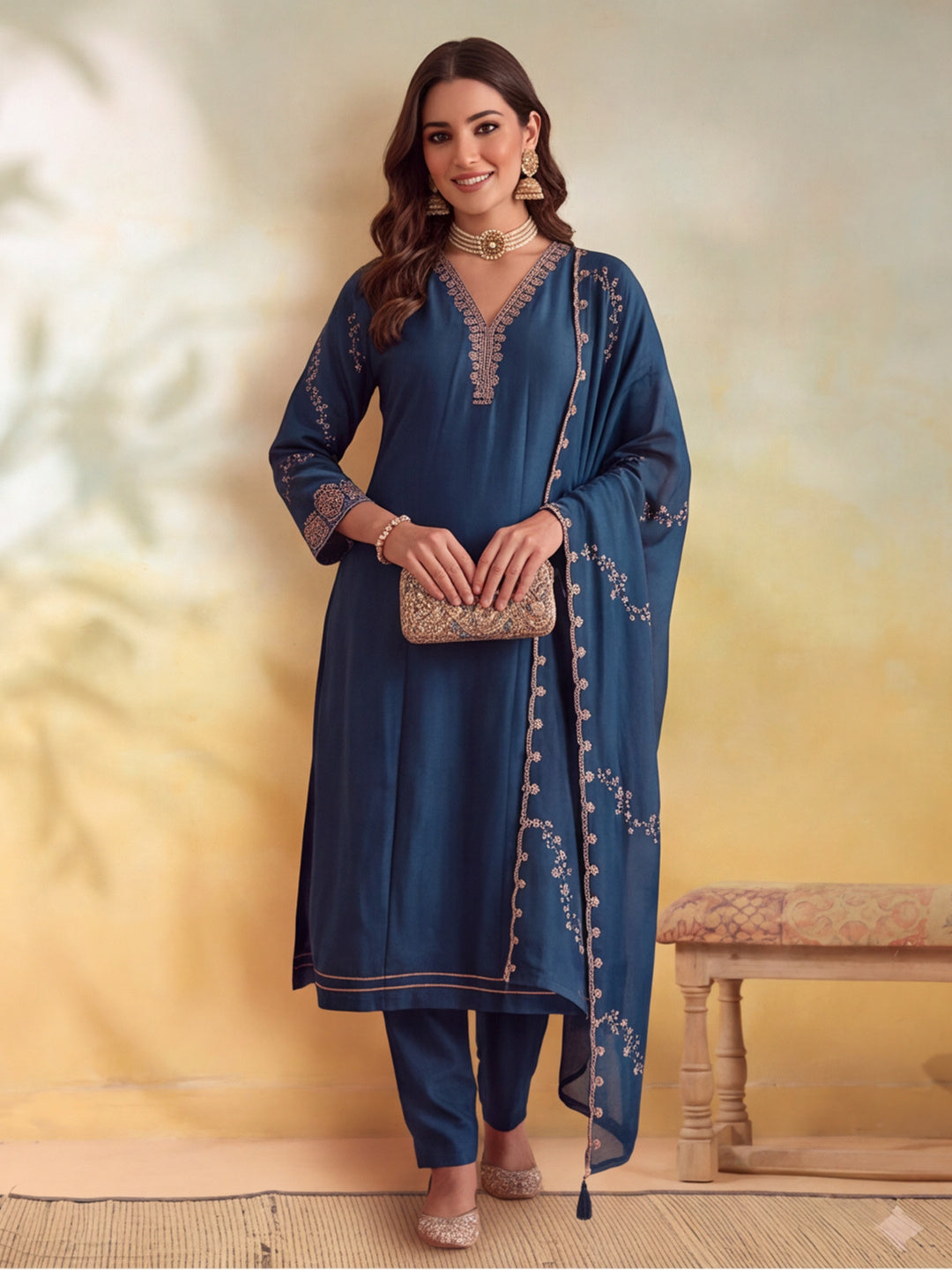 Women Embroidery Teal Kurta Set with Dupatta