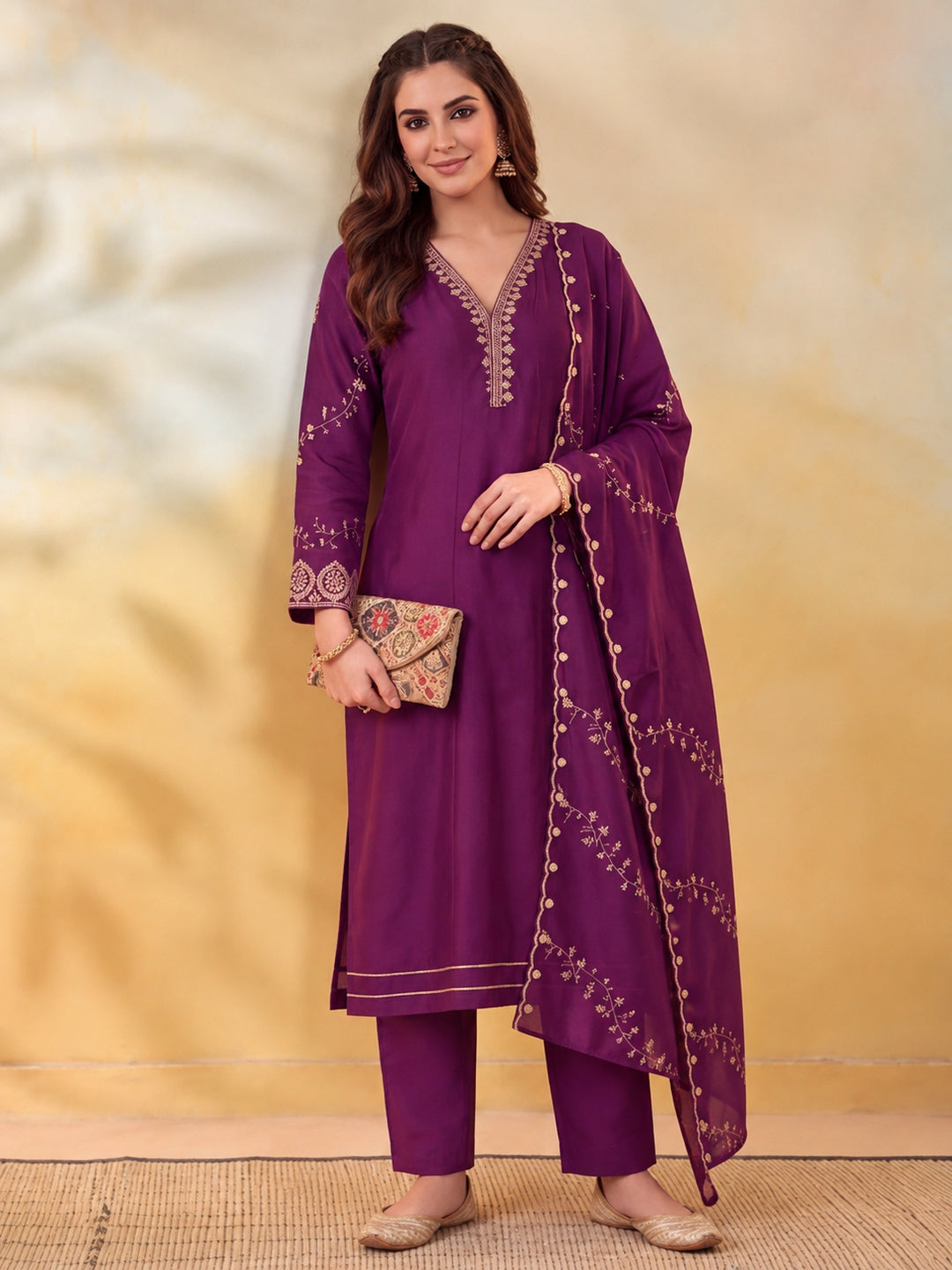 Women Embroidery Wine Kurta Set with Dupatta