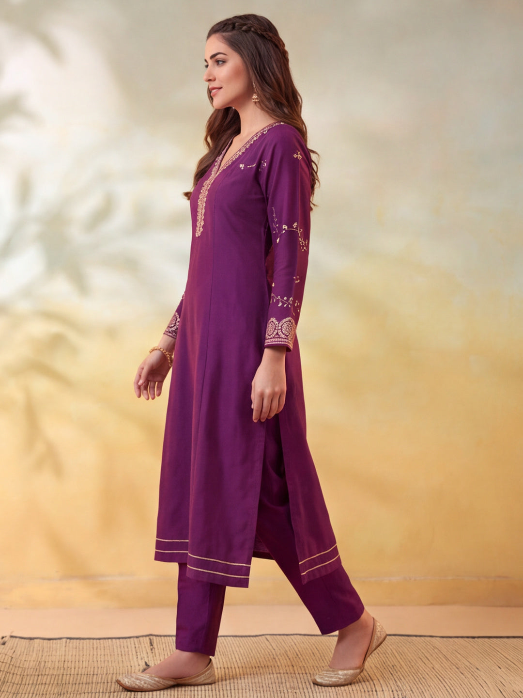 Women Embroidery Wine Kurta Set with Dupatta