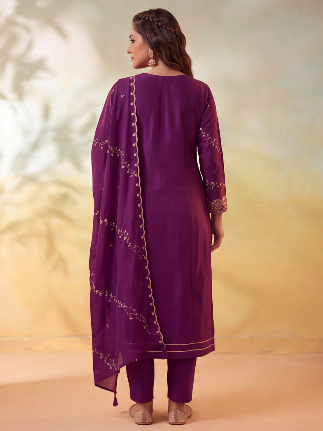 Women Embroidery Wine Kurta Set with Dupatta