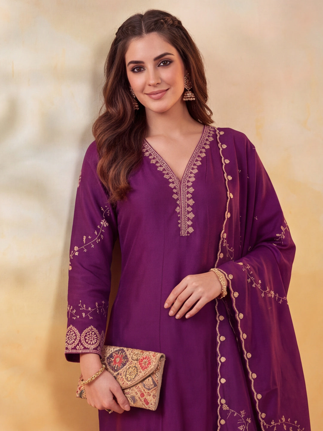 Women Embroidery Wine Kurta Set with Dupatta