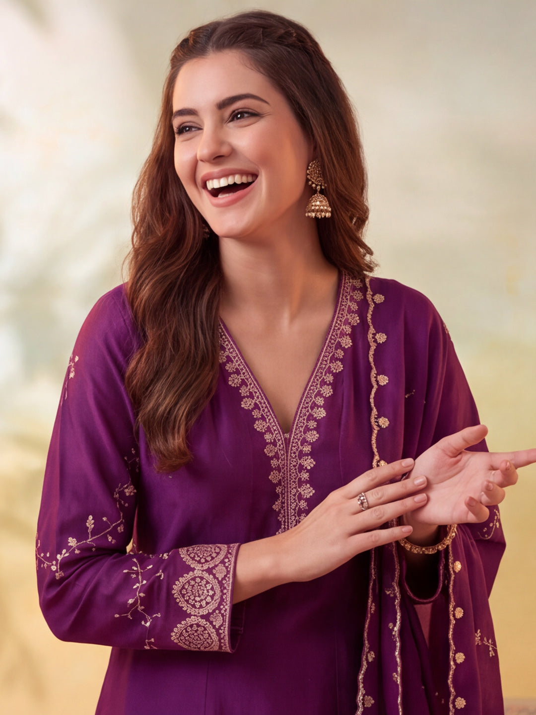 Women Embroidery Wine Kurta Set with Dupatta