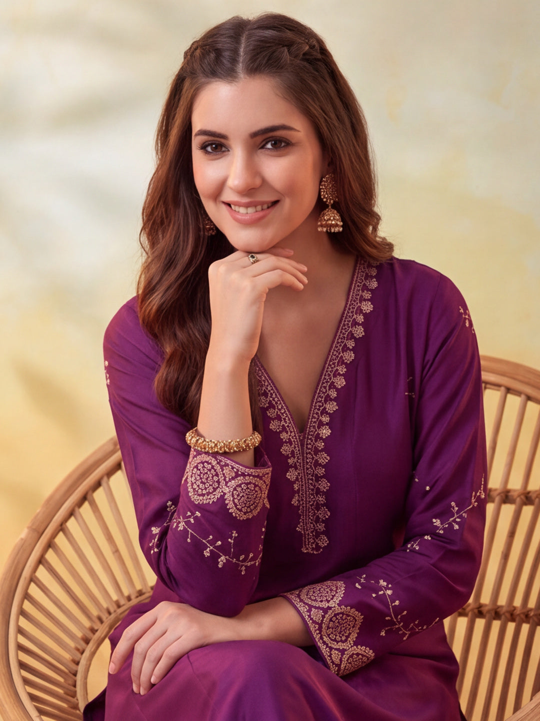 Women Embroidery Wine Kurta Set with Dupatta