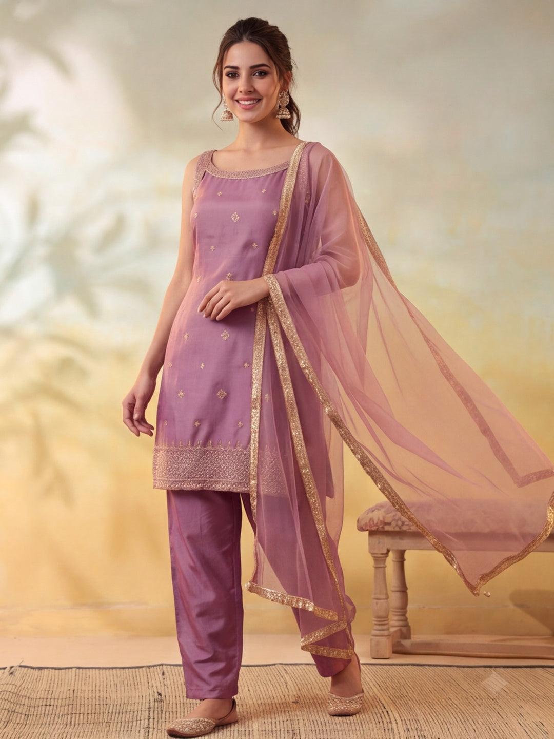 Women Embroidery Orchid Pink Kurta Set with Dupatta