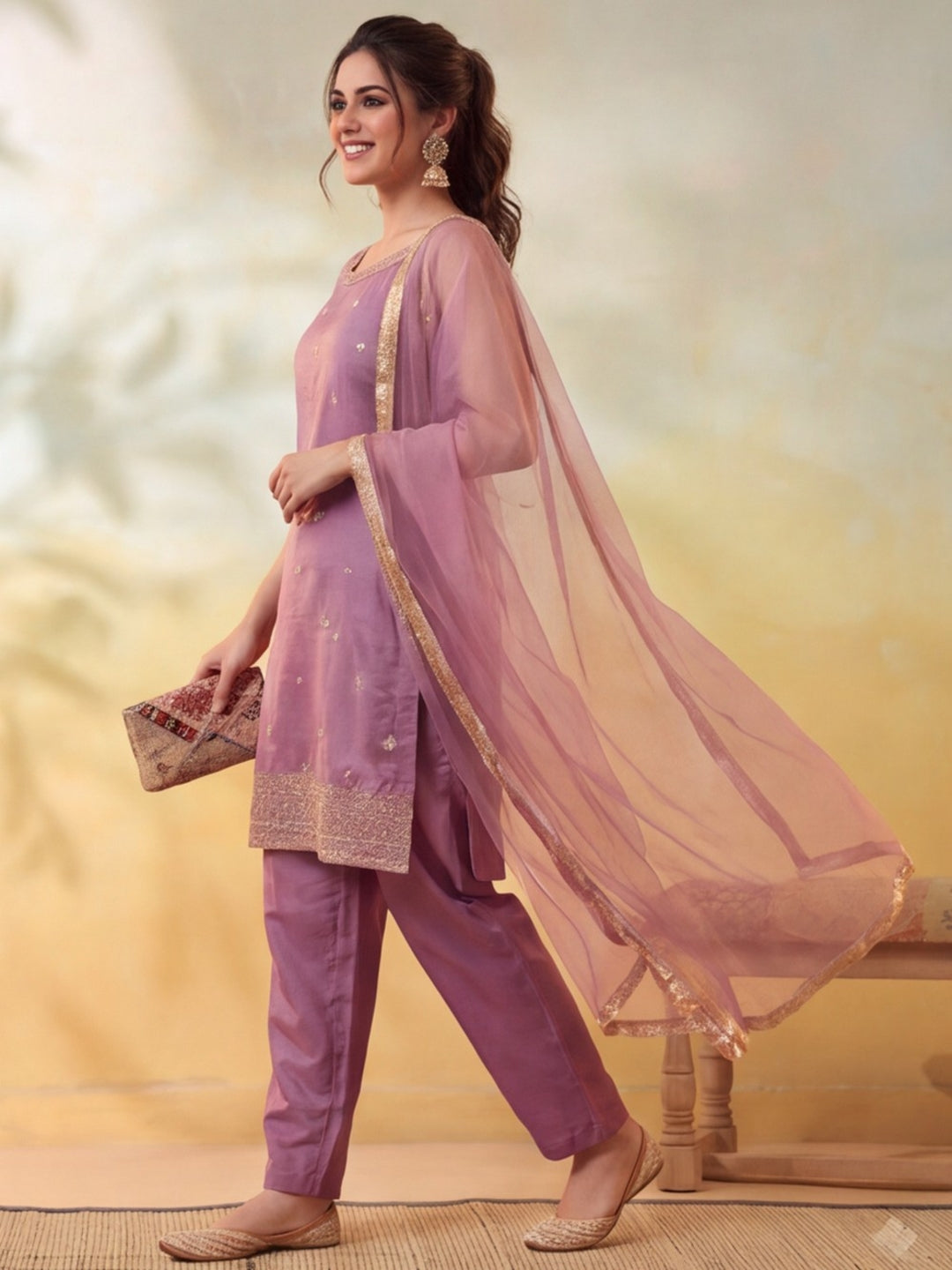 Women Embroidery Orchid Pink Kurta Set with Dupatta