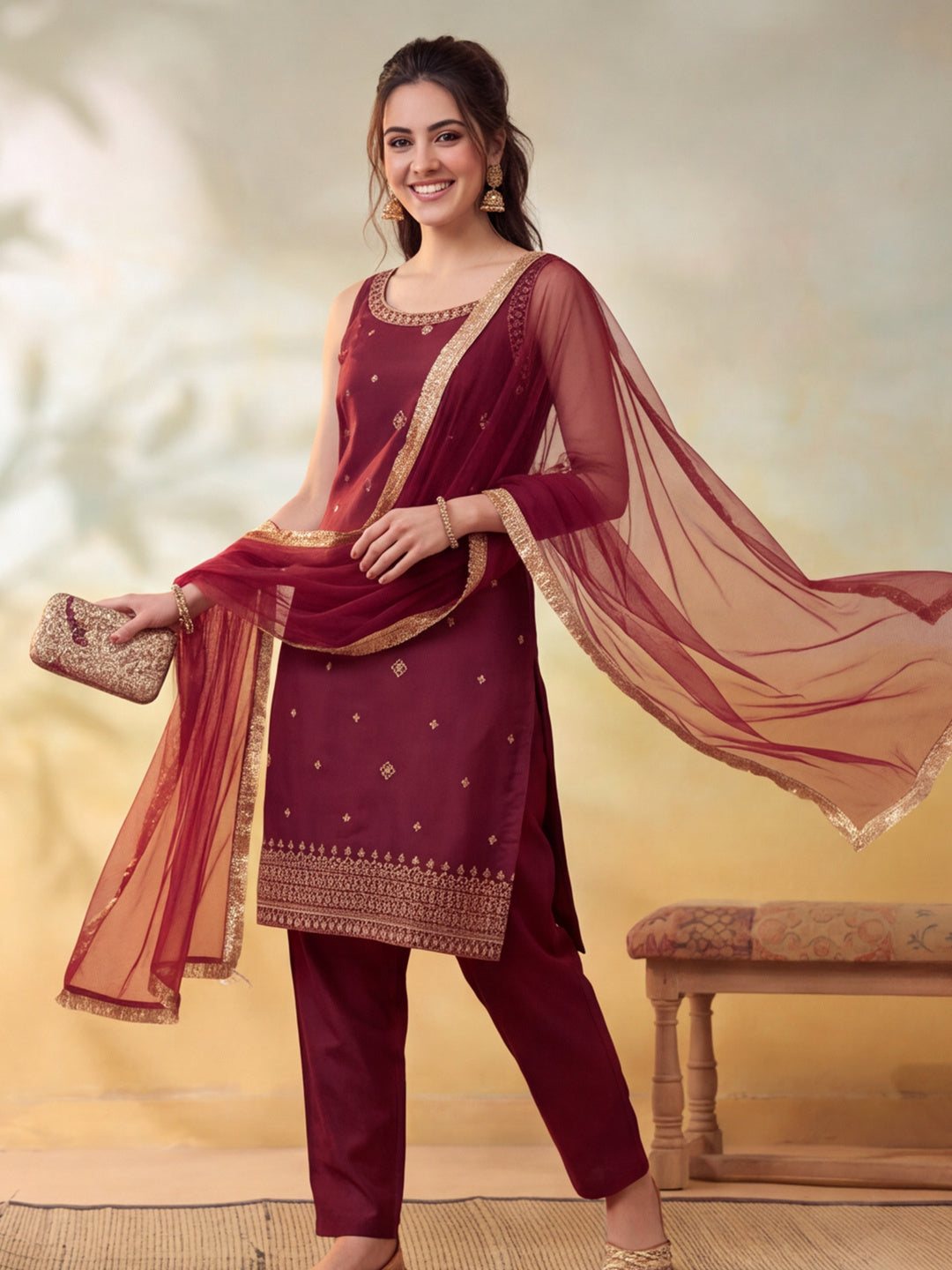 Women Embroidery Wine Kurta Set with Dupatta