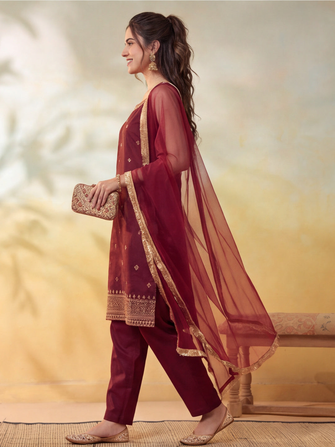 Women Embroidery Wine Kurta Set with Dupatta