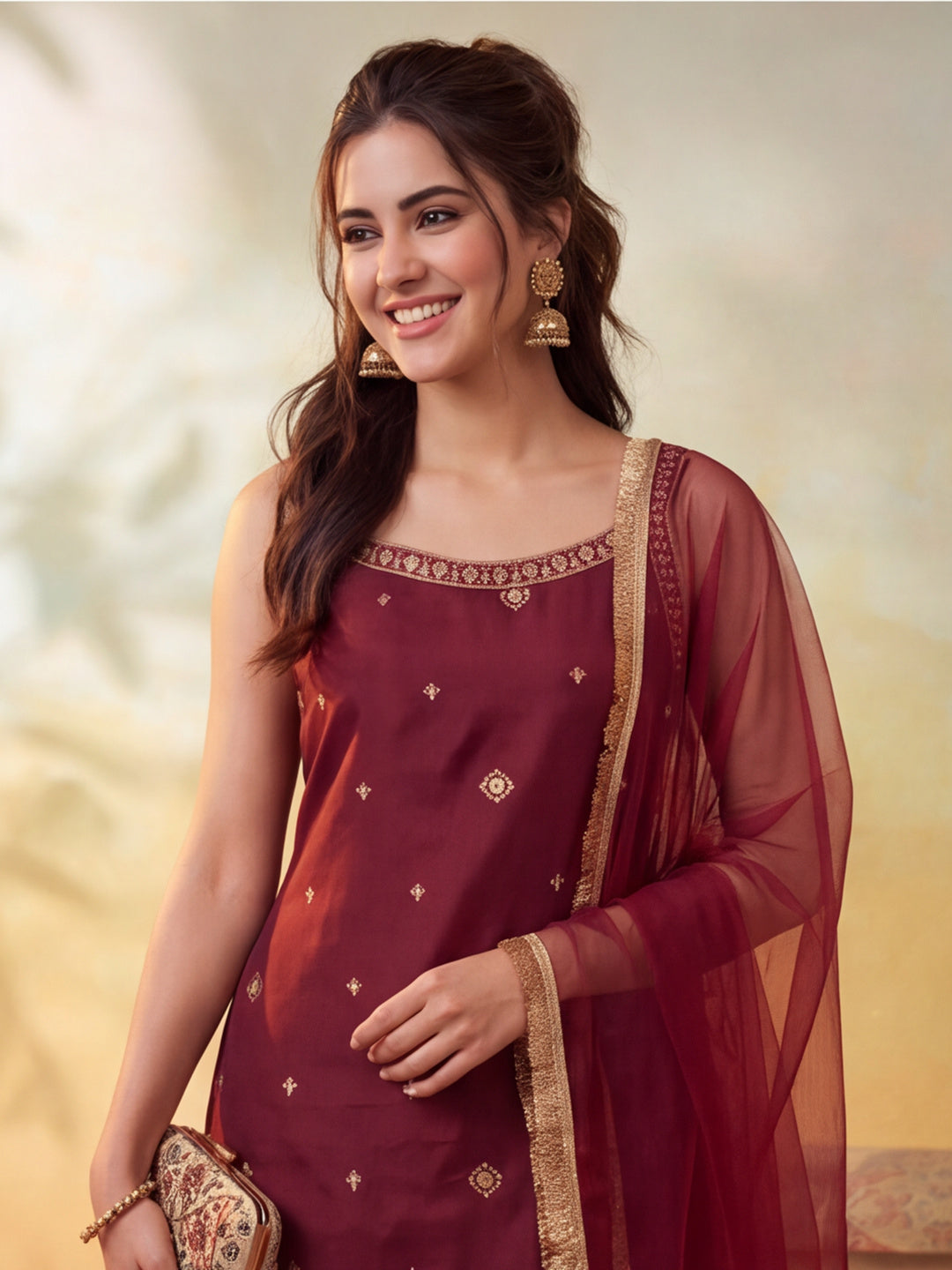 Women Embroidery Wine Kurta Set with Dupatta