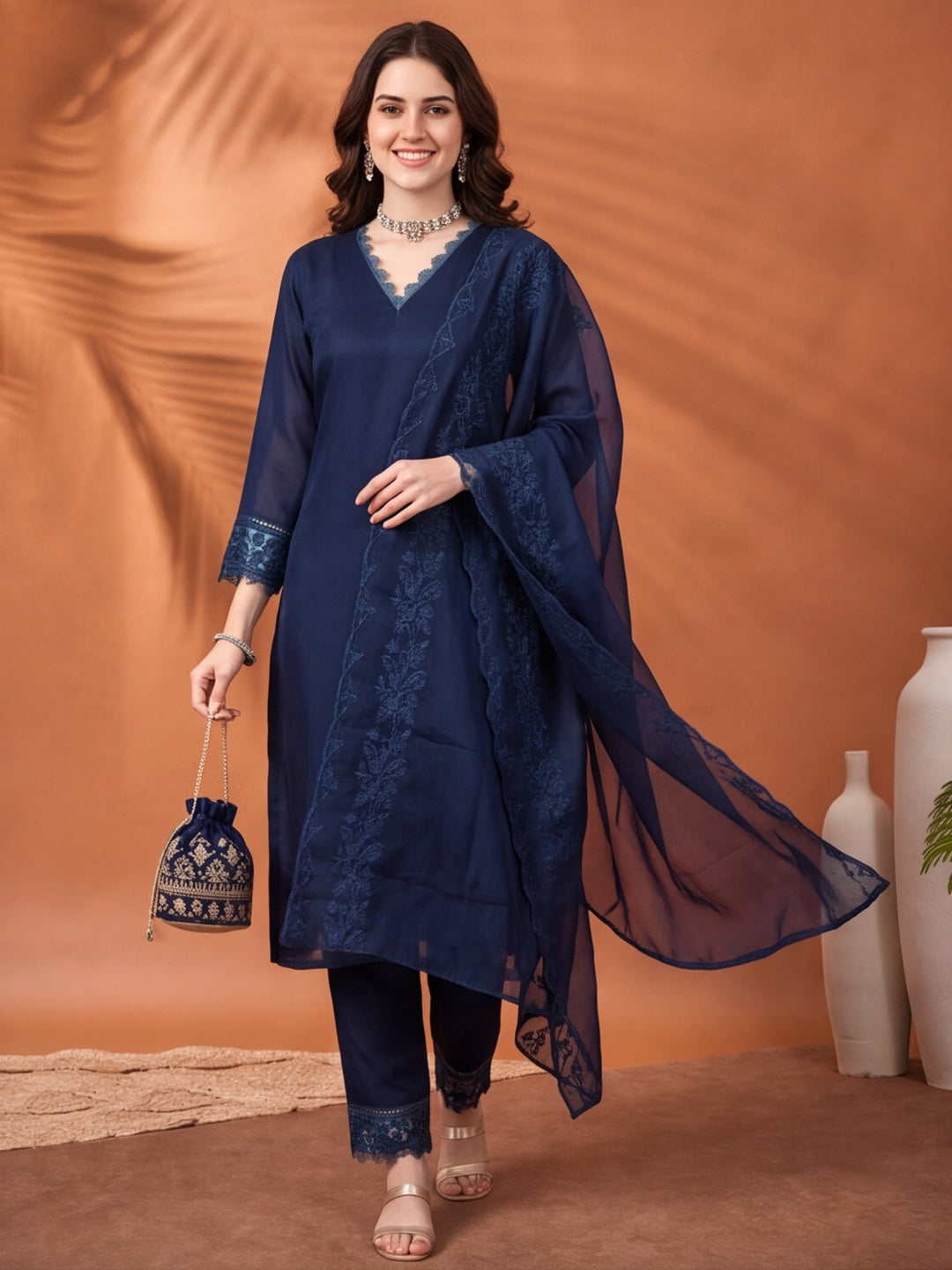 Women's Navy Blue Embroidered Kurta Set with Dupatta | Elegant Straight Ethnic Suit